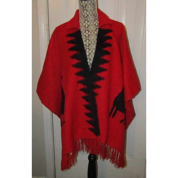 Wool Llama Alpaca Print Wrap Vintage Womens Red Graphic Cape Collared One Size - Picture 2 of 8